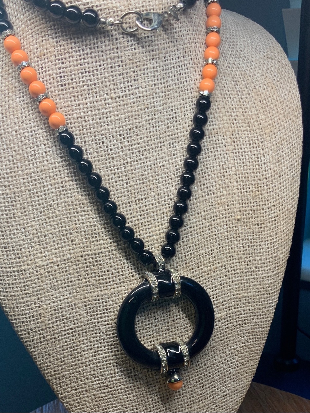 Banana Republic Black Beaded with Crystal-Trim Circle and Peach Accent Necklace - Picture 6 of 6